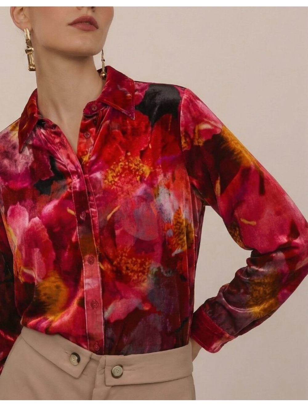 NWT Johnny Was Red Pink velvet Floral Button-Down in Ruby bloom size large